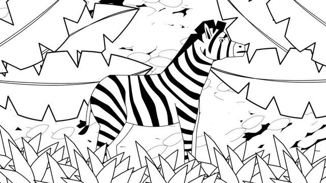 Animated video of a zebra in black and white cartoon style, art, animal, 2D.