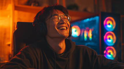 Obraz premium 日本出身の男性が笑いながらゲームを楽しむ姿
