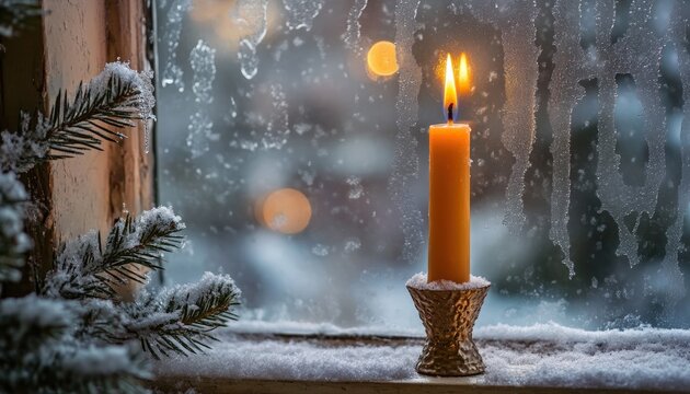 Glowing candle illuminates snow-covered window sill during cold weather