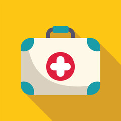 Fototapeta premium Closed white first aid kit with red cross symbol on yellow background representing medical assistance, healthcare, and emergency preparedness