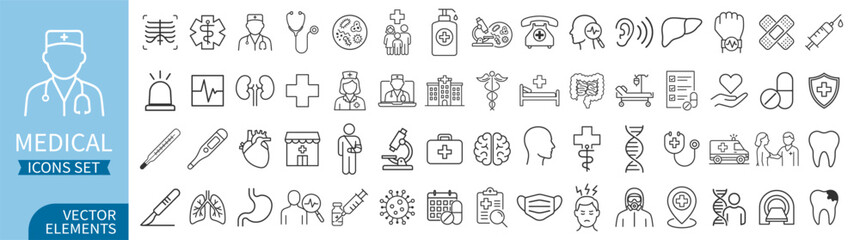 Medical and health care icon set, including doctor, hospital, treatment, pharmacy, nurse, pills, organs and research symbols on transparent background