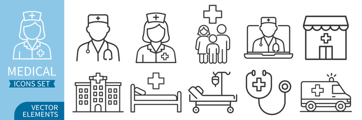 Medical staff and hospital icon set with doctors, nurses, clinic building, bed, drip and ambulance on transparent background