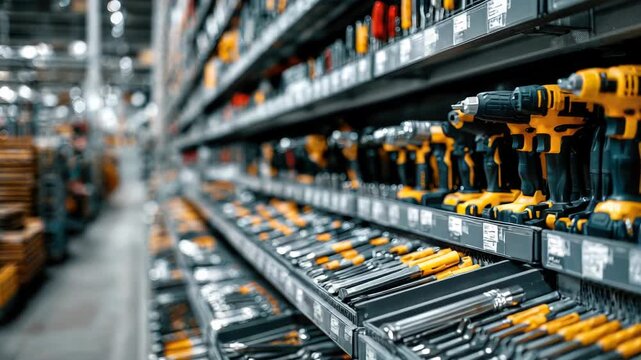 Shelves with various tools in a construction supermarket, organized rows of hammers, screwdrivers, drills, and toolboxes under bright lighting, modern hardware store interior.