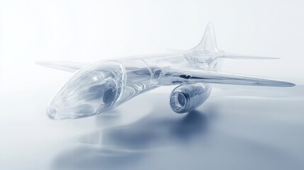 Transparent airplane model showcasing sleek design and aerodynamic features, set against a minimalist background, emphasizing innovation and modern engineering concepts