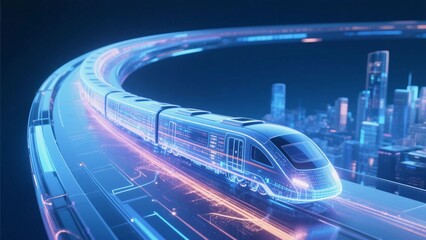 Blue light effect abstract main visual, a high-speed train from the curve from the top left corner to the bottom right corner