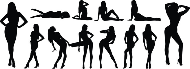Sexy woman silhouette vector set, fashion model ladies posing standing and lying down, elegant black female figures collection isolated