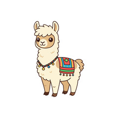 Fototapeta premium A charming cartoon illustration of a friendly llama, adorned with colorful textiles, standing upright.