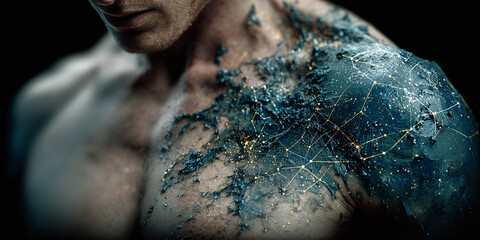 The human body as a data network, a powerful athletic man with glowing blue connections symbolizing global digital integration and future technology