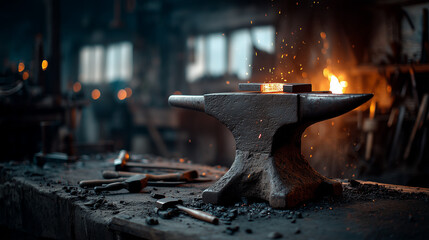 Dramatic blacksmith workshop with glowing metal on anvil and flying sparks beside fiery forge