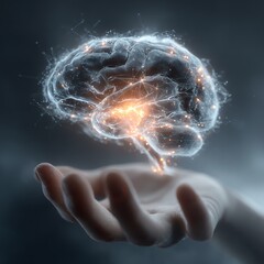 Futuristic digital brain hovering above a human hand
