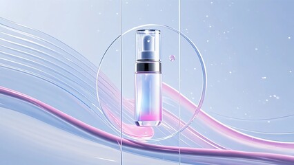 A skincare essence floats in the air, surrounded by streamlined liquid glass, pink and white gradient glass, with a slight shimmer on the glass.