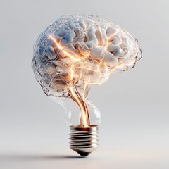 Human brain emitting glowing neural currents that flow into a shining light bulb