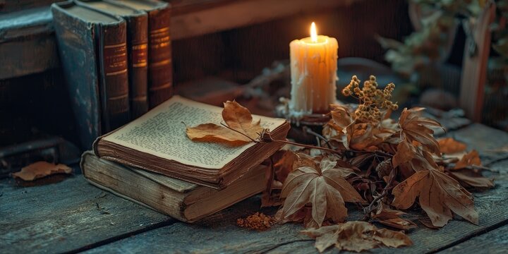 A rustic wooden table with a stack of old books, a lit candle, and a bouquet of dried flowers, set against a dimly lit, rustic background.