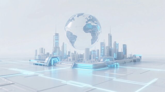Future smart city of energy technology with a light blue and white gradient transparent mechanical structure
