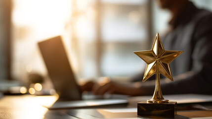 Male Employee Of The Month Gold Star Trophy. Office Reward, Achievement Recognition, Workplace Success, Business Motivation, Team Excellence, Achieving company Goals