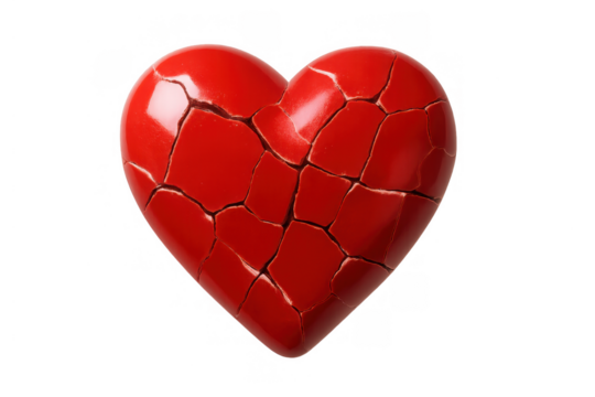 Red broken heart symbol representing painful heartbreak, separation, divorce, grief, and ending relationships with transparent background