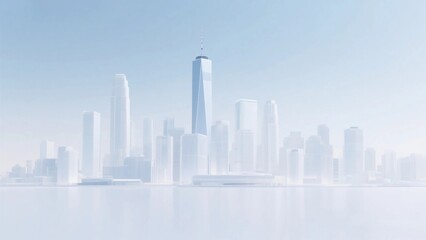 Obraz premium Soft blue and white gradient minimalist composition poster background, a collection of white architectural landmarks in New York, high-end aesthetics.