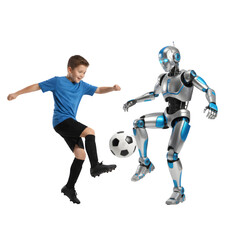 Future of Sports: Young Boy Playing Soccer with a Humanoid Robot isolated on a transparent background 