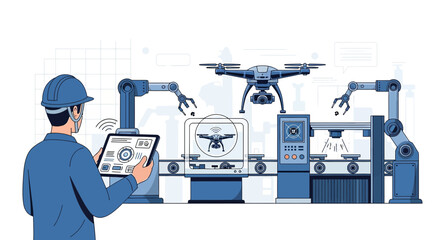 Illustration depicting a modern industrial setup with automation, robotics, and worker interaction