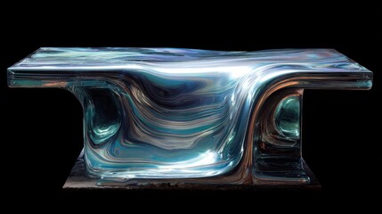 Abstract, flowing glass bench against black