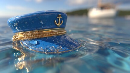 Blue captain's hat floats on water