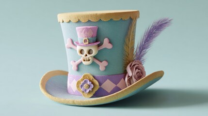 Pastel-colored top hat with skull and feather