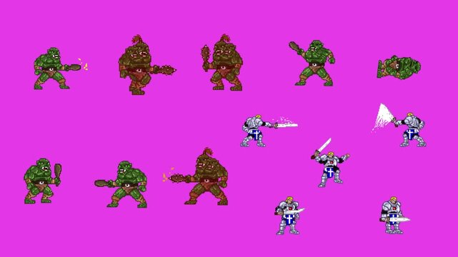 Animated video of several ogres and medieval soldiers in pixel art style on a red background, art, 2D, game.
