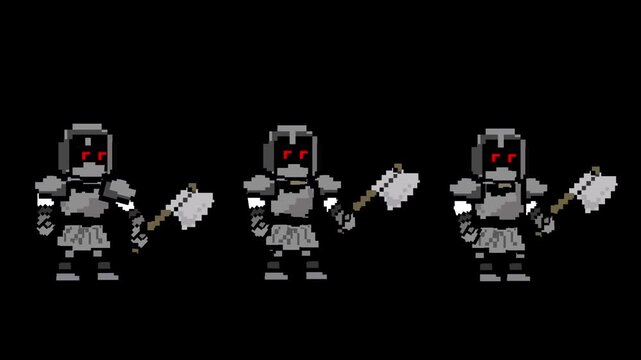 Animated video of three medieval enemy soldiers in pixel art style with an axe on a black background, art, game.