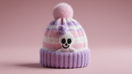 Knitted beanie, pink & purple, skull design