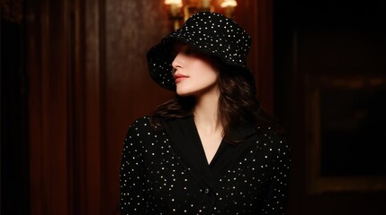 Woman in black, embellished hat, dark interior