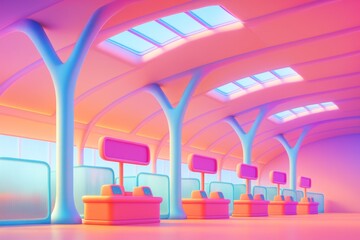 Fototapeta premium Futuristic checkout counters in pastel-toned interior with curved roof and soft skylight illumination in modern architectural style. Ai generative