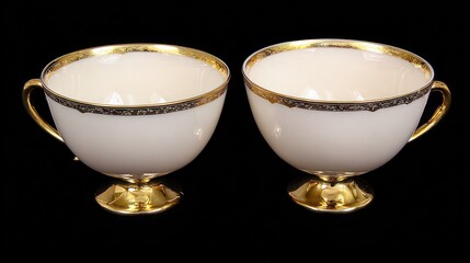 Two cream-colored teacups with gold trim and stands