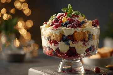 Christmas trifle dessert in glass dish, layered fruits, cream and sponge cake, top decorated with berries and mint