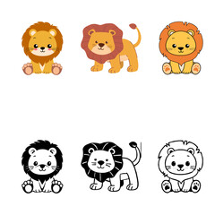 Cute Cartoon Lions Sitting, Full Body, Color and Outline Illustrations