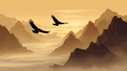 Two birds soar above golden mountains