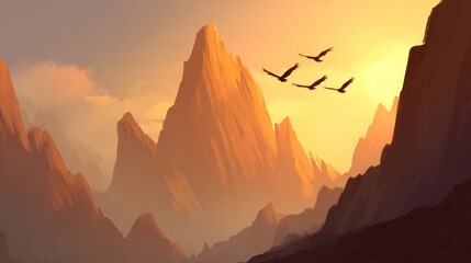 Golden mountains, birds fly at sunset