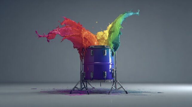 Colorful paint splashes from a vibrant drum kit