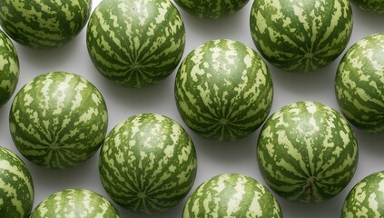 A collection of fresh, green watermelons displayed in an overhead view, showcasing their unique patterns. The image conveys the essence of summer and the bounty of nature.