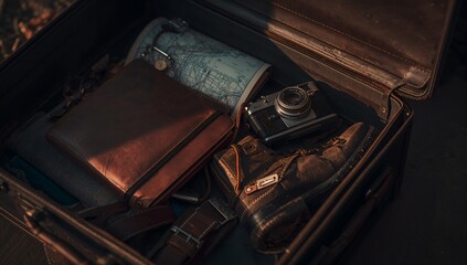 an open vintage suitcase packed with travel essentials like a map, a camera and notebook. The scene is illuminated by soft light and evokes a sense of adventure and journey