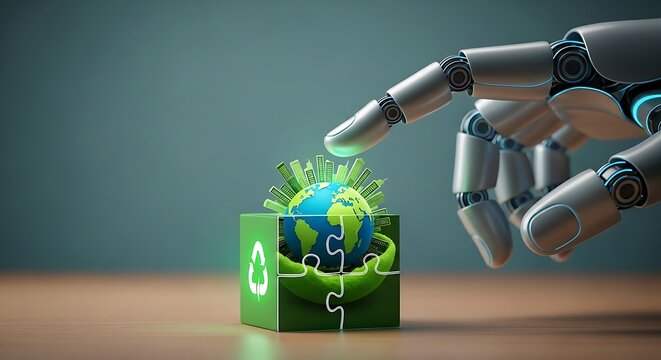 Robotic hand touching a miniature earth inside a recycling box, symbolizing environmental protection and technology