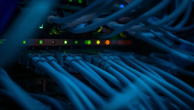 a network server room setup with numerous blue cables connected to a server and lights - Powered by Adobe