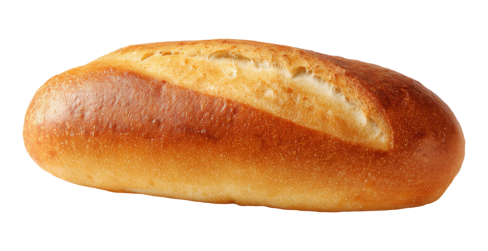 Fresh white bread loaf with golden crust in baguette style, isolated on transparent background