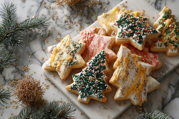 Christmas-themed sugar cookies in star and tree shapes, colorful natural icing tones, arranged on marble surface