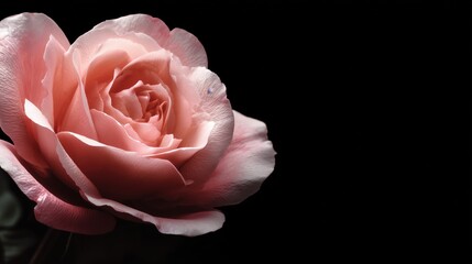 fresh pastel pink rose flower , macro, against deep black background 