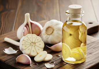 Fresh garlic cloves and bulbs with a bottle of homemade infused oil on a rustic wooden board. A healthy cooking ingredient and herbal remedy.