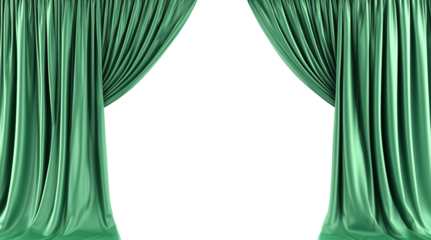 Elegant green velvet theater curtains with draped fabric and open center, isolated on transparent background
