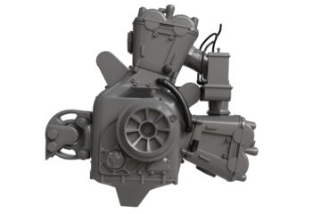 A detailed, grey 3D render of a complex V-twin internal combustion engine, showcasing its intricate mechanical components and untextured, digital form