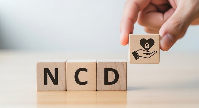Hand placing a cube with heart and dollar sign, completing the word ncd, symbolizing financial health and investment