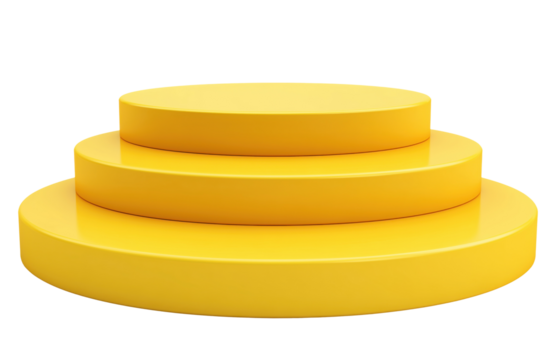 Three-level yellow cylindrical podium platform with stacked arrangement for display, isolated on transparent background - Powered by Adobe
