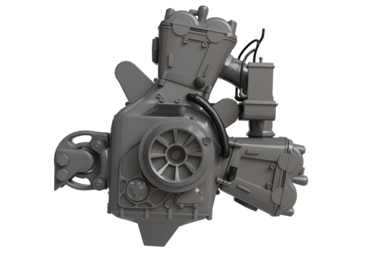 A detailed, grey 3D render of a complex V-twin internal combustion engine, showcasing its intricate mechanical components and untextured, digital form